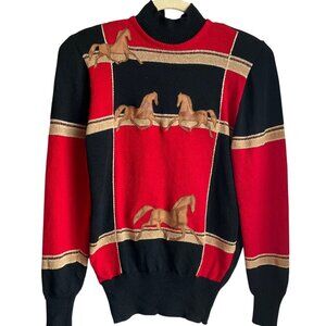 Vintage Antonella Preve Leather Horse Knit Sweater Equestrian Old Money